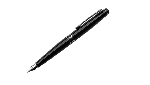 Sleek black fountain pen, silver accents, angled on a black background, professional look