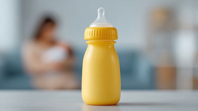 Yellow baby bottle in focus with blurred background of mother breastfeeding her infant, showcasing nurturing and care in parenting environment - Powered by Adobe