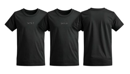 Three black t-shirts, front and back views, with subtle, light-colored text on the front