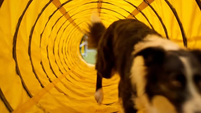Border collie dog running through a yellow agility tunnel