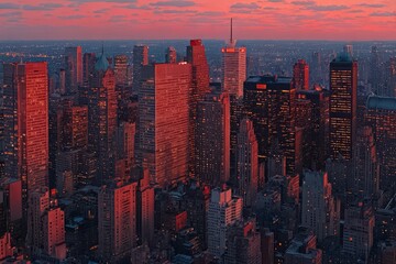Fototapeta premium City skyline at dusk with the sun setting in the background. The buildings are lit up with lights, creating a warm