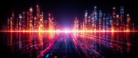 Fototapeta premium Cityscape with a bright orange glow in the background. The city is lit up with neon lights