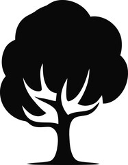 Simple silhouette of a large leafy tree iconic nature symbol representing growth and life perfect for graphic design elements