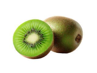Close-up of two kiwi fruits, one whole and one sliced, displaying vibrant green flesh and brown seeds
