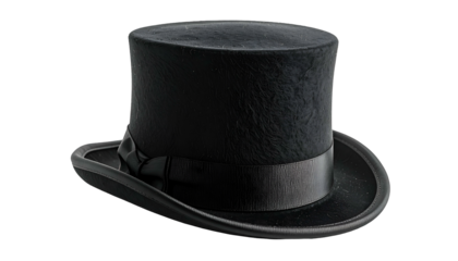 A classic black tall hat with a slight brim and a dark band, isolated on black