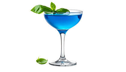 A vibrant blue cocktail in a coupe glass, garnished with basil leaves on black