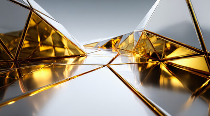 Gold and white image with a lot of triangles. The triangles are all different sizes and angles. The image has a modern