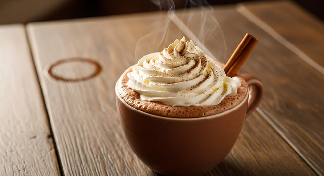 Hot chocolate with whipped cream and cinnamon stick in a brown mug on a wooden table. - Powered by Adobe