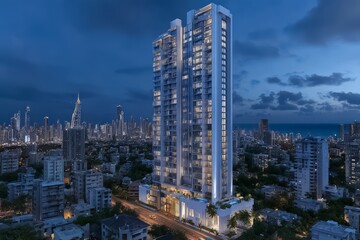 Naklejka premium Large building with a pool and a city skyline in the background. The building is lit up at night, giving it a modern