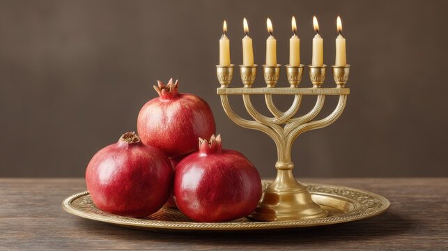 Elegant Menorah with Pomegranates Symbolizing Rosh Hashanah and Yom Kippur Celebrations in Warm Glowing Light