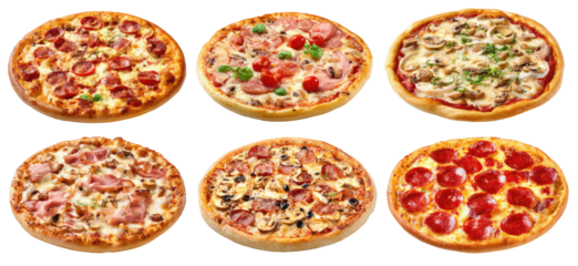 Six assorted pizzas, various toppings