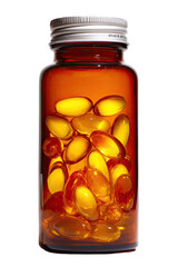 Amber bottle filled with translucent yellow capsules