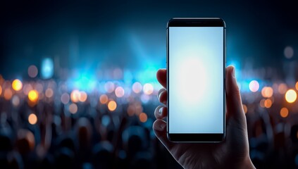 Person is holding a cell phone in front of a crowd of people. Concept of excitement and anticipation