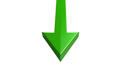 A bright green, three-dimensional arrow points downwards against a black background