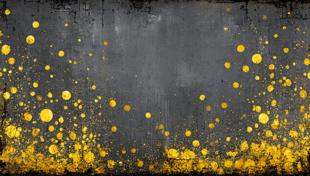 Painting of yellow dots on a grey background. The painting is abstract and has a sense of movement