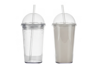 Two clear plastic cups with dome lids and straws one empty and one filled isolated on transparent background