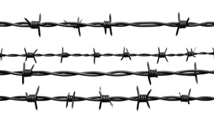Close-up of three rows of black barbed wire against a black background