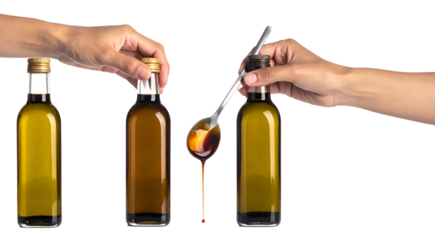 Three bottles with dark liquid; one has a spoon dispensing the liquid. Hands hold the bottles