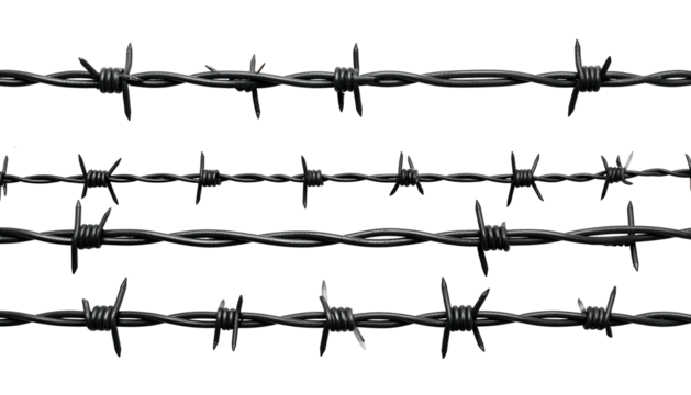 Close-up of three rows of black barbed wire against a black background