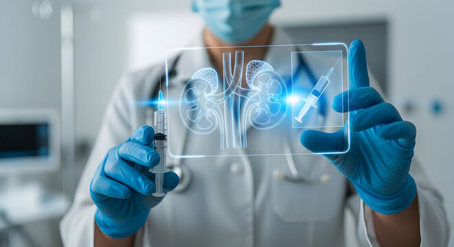 "Nephrology Consultation and Kidney Health Imaging &mdash; Doctor Reviewing Renal Scans with Digital Kidney Hologram"