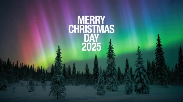 Magical aurora borealis over snowy forest merry christmas day 2025 greeting card
