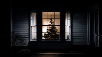 Obraz premium A darkened house with a Christmas tree visible from the window, but no signs of life inside. Loneliness during Christmas holidays with copy space, holiday contrast, aging, and emotional storytelling