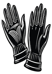 A pair of black classic gloves in a retro woodcut illustration style. Hand-drawn vintage engraved vector art isolated on a white background