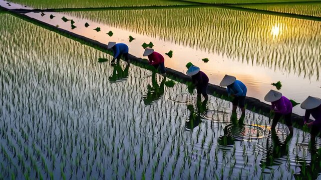 Farmers Planting Rice in a Flooded Field at Sunset.