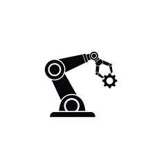 Black robotic arm holding a gear on white background