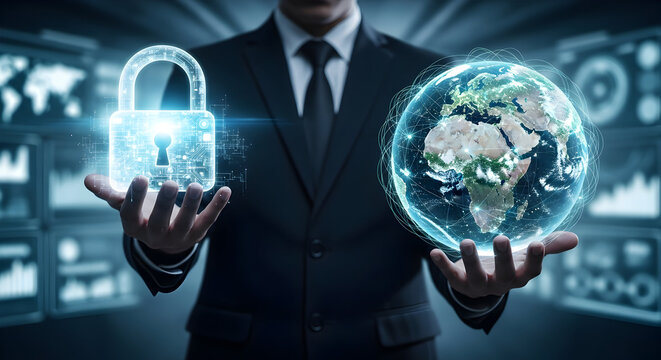 "Global Cybersecurity and Data Protection — Businessman Presenting Digital Lock and Globe Holograms for Network Security Solutions"
