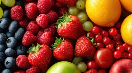 Obraz premium Commercial high-resolution photo of vibrant assortment of fresh berries and fruits, bursting with color.