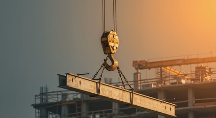 A crane hook lifting a heavy concrete beam at a construction site. Industrial machinery at work on a building project during a golden hour sunset
