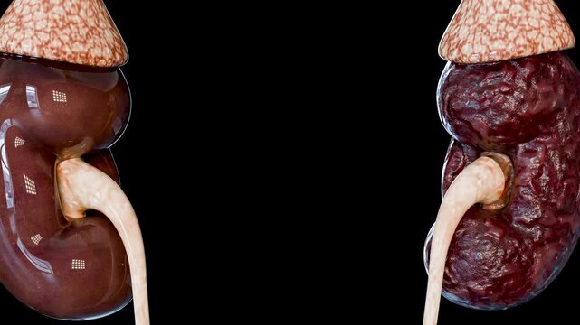 Comparison of healthy kidney and diseased kidney with polycystic kidney disease, showing organ structure, renal cysts, tissue damage, nephrology concept, chronic disorder, healthcare, 3d render