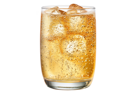 Tall glass of fizzy amber beverage with ice cubes isolated on a transparent background drink