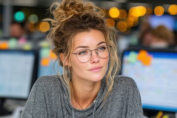 Obraz premium Young professional woman working in an office environment wearing glasses