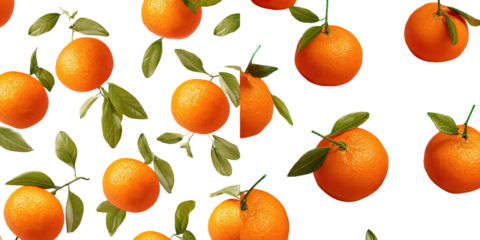 Bright orange citrus fruits with green leaves, arranged in a repeating pattern against a black background