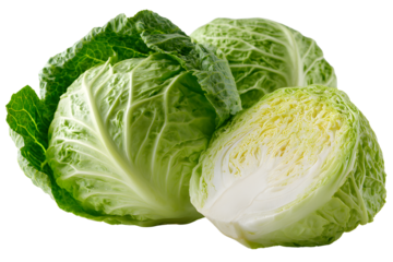 A close-up photograph of two fresh and whole green cabbages on a transparent background