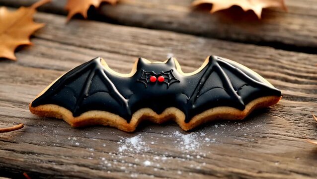 Bat-Shaped Halloween Cookie with Red Accents on Rustic Wooden Surface