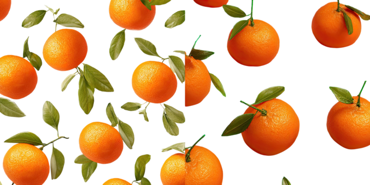 Bright orange citrus fruits with green leaves, arranged in a repeating pattern against a black background