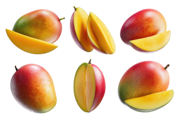 Close-up view of six ripe mangoes, whole and sliced, showing vibrant colors and textures