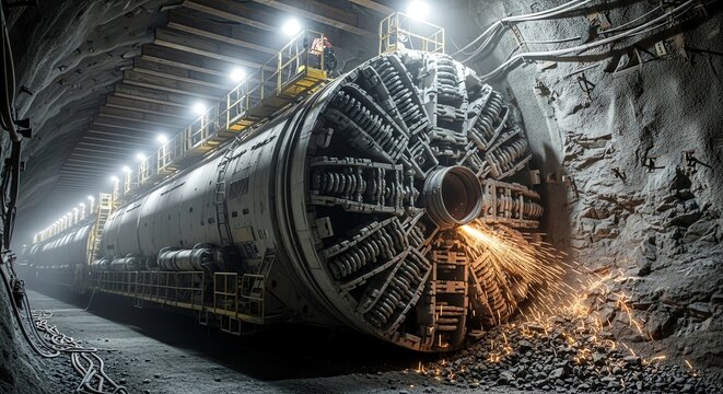 Large Tunnel Boring Machine in Underground Mining Tunnel with Sparks and Bright Lighting