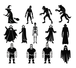 Vector art of a spooky collection of halloween monsters, featuring a witch, zombies, a werewolf, vampires, a skeleton, a cloaked figure, a devil, frankensteins monster, and a ghost