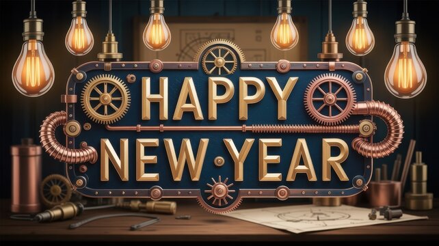 Steampunk happy new year greeting with vintage light bulbs and gears for celebration