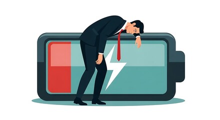 Businessman leaning on a nearly depleted battery symbol