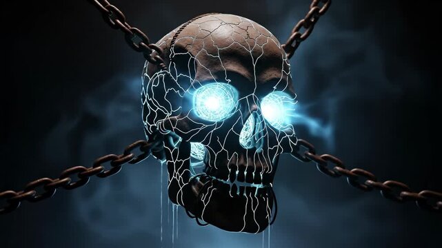 Glowing Skull Entwined in Chains - A detailed digital video of a skull is bound by rusty chains. The skull's eyes emit an intense blue glow, with glowing veins throughout the skull.