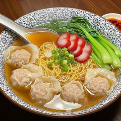 Bowl of wonton noodle soup with greens and char siu.