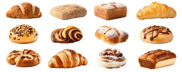 Assorted baked goods, various types of bread, pastries, and croissants