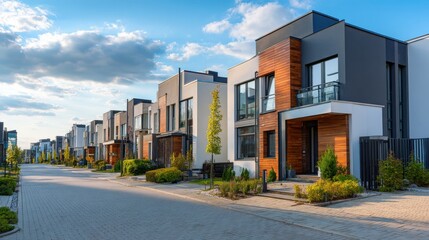 Obraz premium Commercial high-resolution photo of modern townhouses in a row with contemporary architecture.