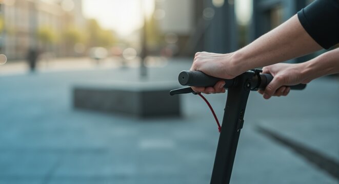 A person's hands holding the handlebars of an electric scooter. Modern urban mobility and eco-friendly commuting. City background with copy space