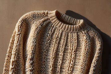 Cozy and warm beige knitted sweater with intricate patterns, casting a soft shadow on a neutral wall